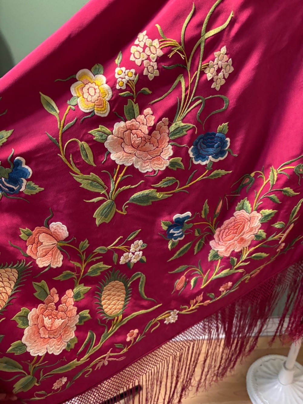 Large Vintage Portuguese SilkMagenta Floral Embroidered Fringe Piano Shawl